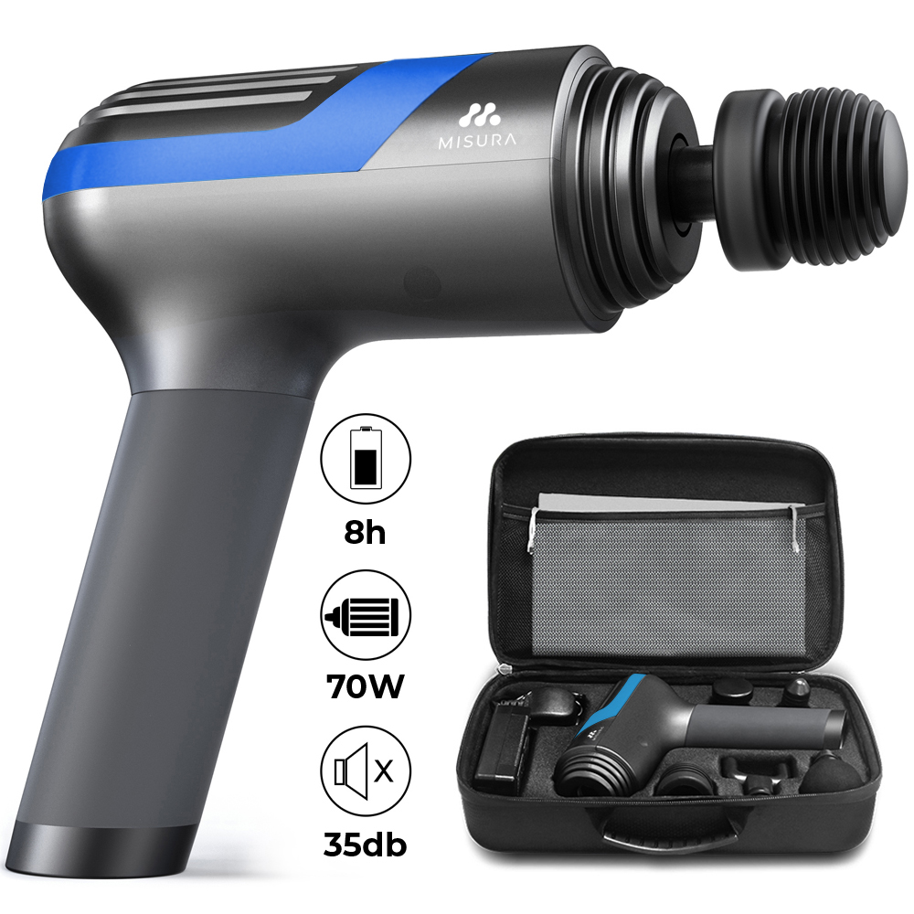 Szary i niebieski pistolet do masażu z czarną walizką. Posiada ikonę baterii, 8h, 70W i symbole 35db.