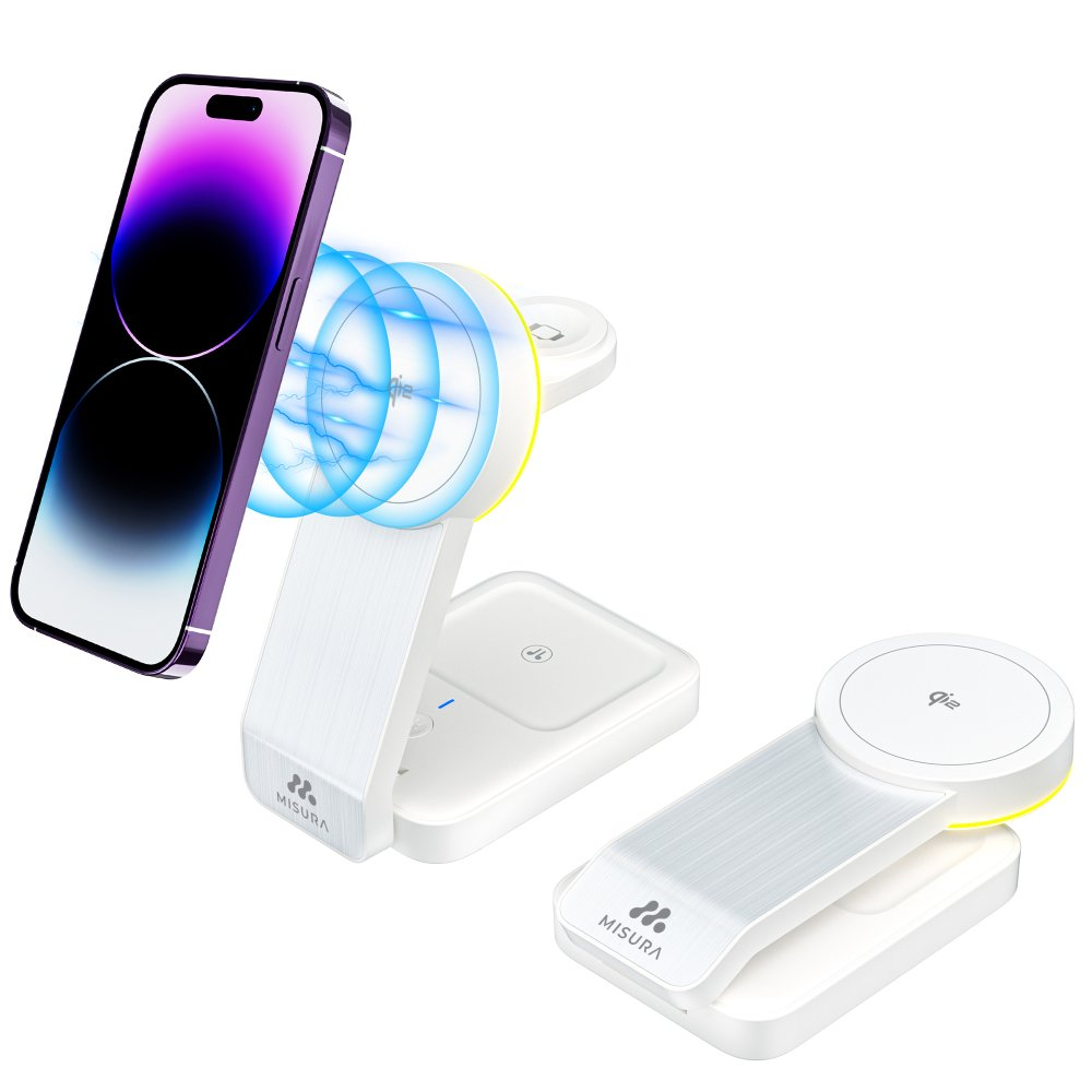 Biała ładowarka bezprzewodowa z telefonem, ładowarką do smartwatcha i telefonem. Telefon jest fioletowy. Ładowarka ma logo Misura.