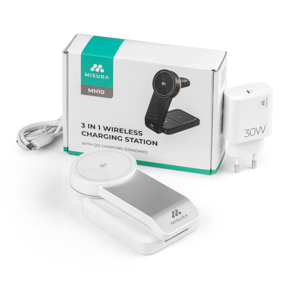 Biało-czarna stacja ładująca Misura z adapterem 30W, podkładką ładującą i pudełkiem ze szczegółami.