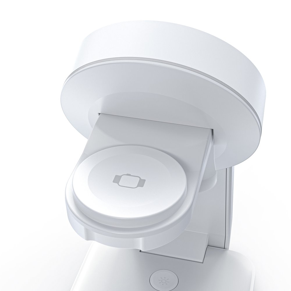 Biała, nowoczesna stacja ładująca do smartwatcha. Ma okrągłą podstawę, obrotową podkładkę ładującą i górę o subtelnym designie.