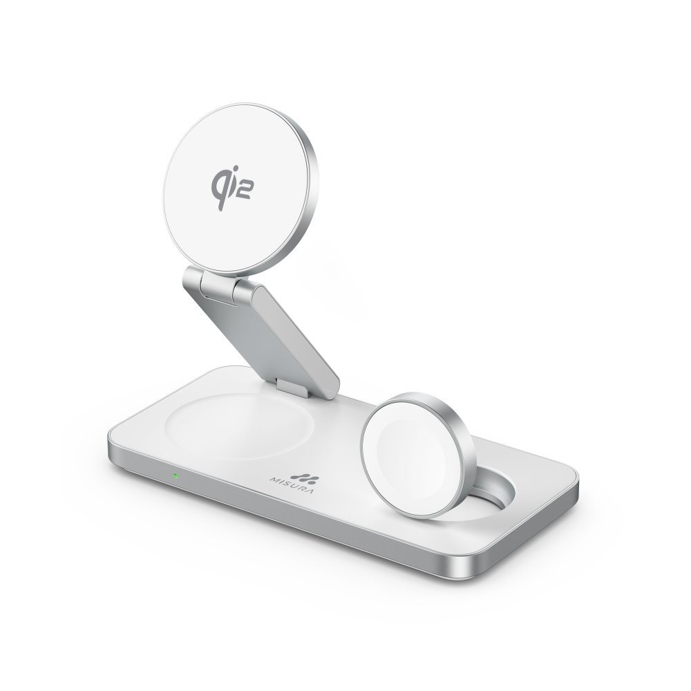 Biała i srebrna bezprzewodowa stacja ładująca do telefonu i zegarka. Posiada okrągłą podkładkę do ładowania telefonu, ładowarkę do zegarka i składany stojak.