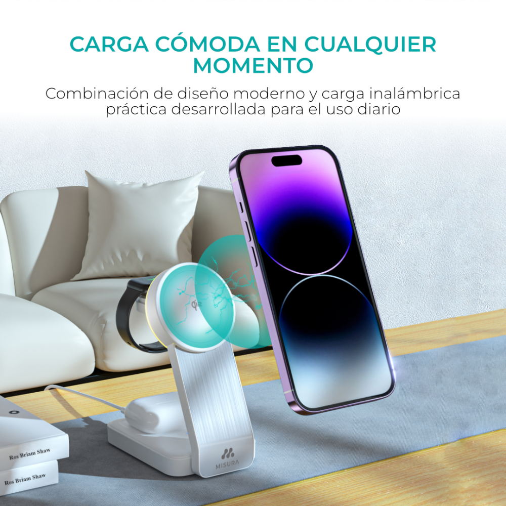 Telefon, zegarek i ładowarka są ustawione na stole. Telefon ma fioletowo-czarny gradient ekranu. Ładowarka ma niebieską poświatę.