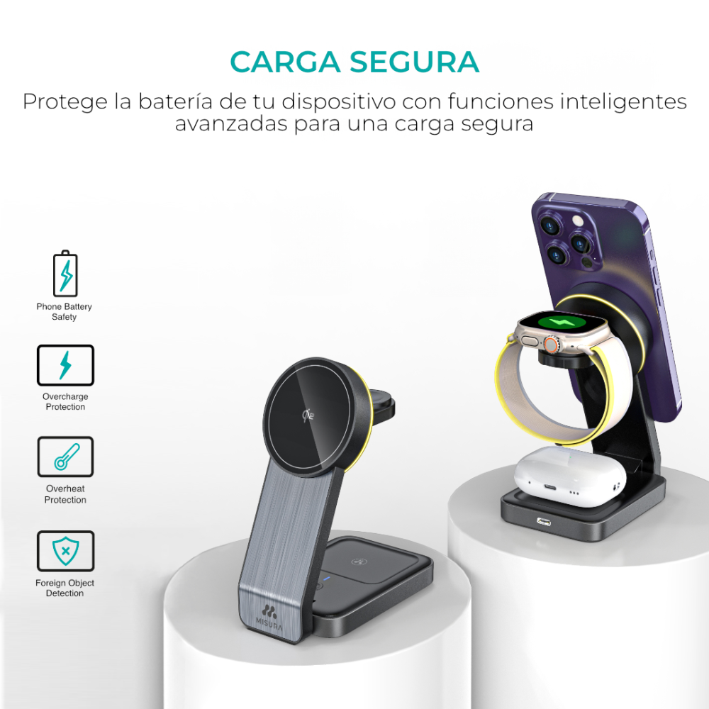 Stacja ładująca z telefonem, zegarkiem i słuchawkami. Funkcje: bezpieczeństwo baterii, ochrona przed przeładowaniem, przegrzaniem i wykrywanie obcych przedmiotów.