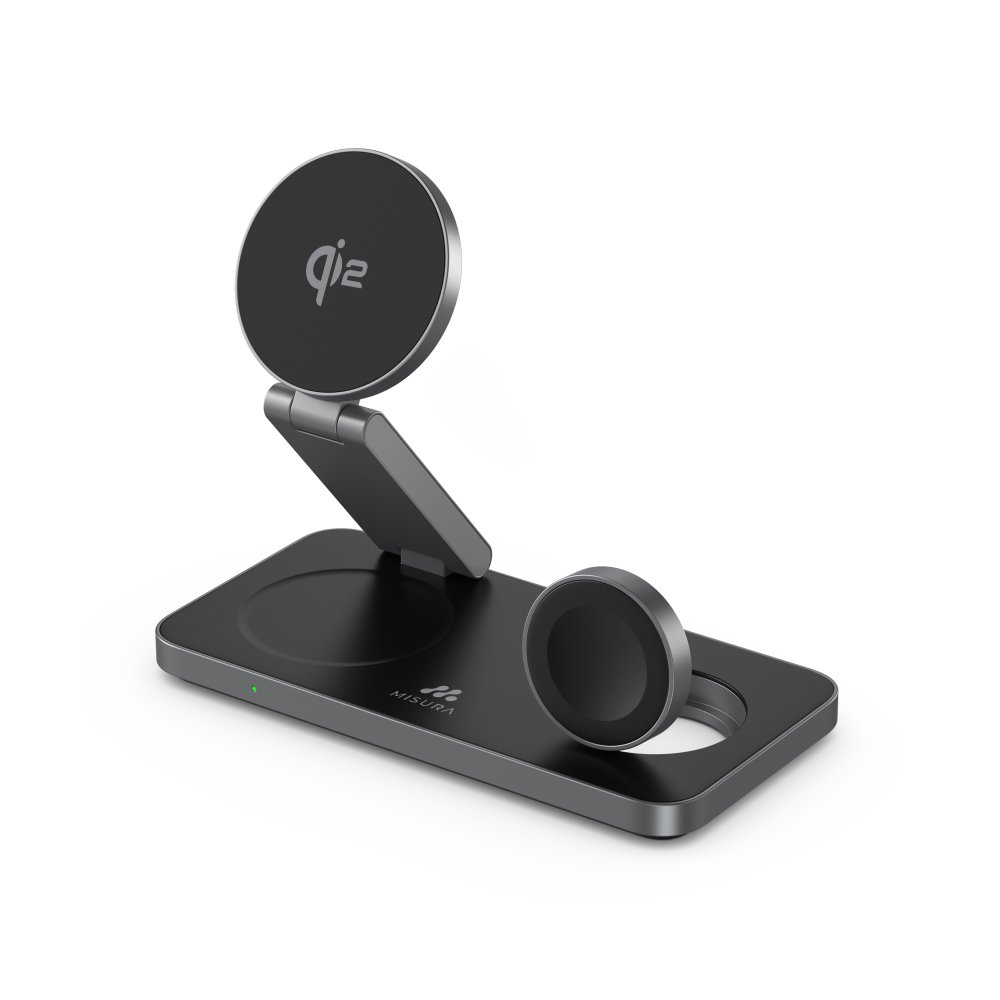 Czarno-szara bezprzewodowa stacja ładująca. Posiada okrągłą podkładkę ładującą i podstawkę na telefon i smartwatch.