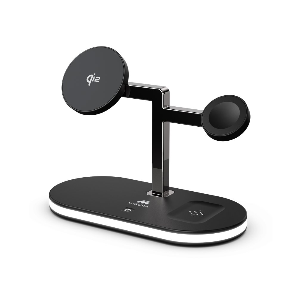 Stazione di ricarica wireless nera con base rotonda e due bracci che sorreggono i pad di ricarica. Display digitale e bordo luce bianco.