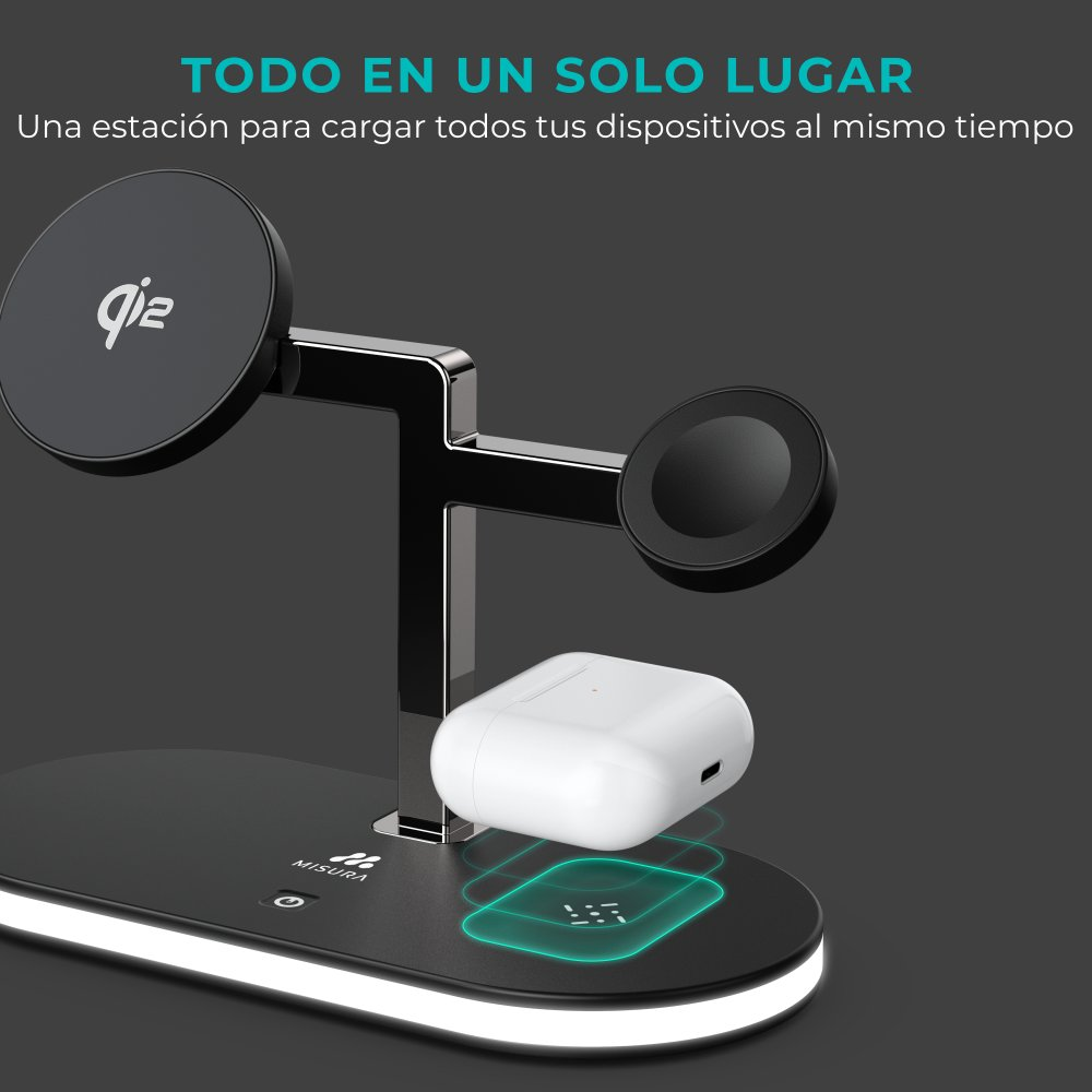 Una stazione di ricarica nera con una custodia bianca per AirPods e un caricatore per orologio. La base ha un indicatore luminoso.