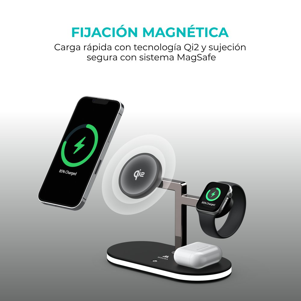 Una stazione di ricarica con telefono, orologio e auricolari, tutti in carica. Telefono e orologio mostrano un fulmine, che indica la ricarica.