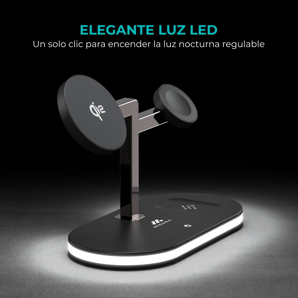 Stazione di ricarica nera con luce LED. Ha due basi di ricarica e una base. Il testo dice: Elegante luce LED.