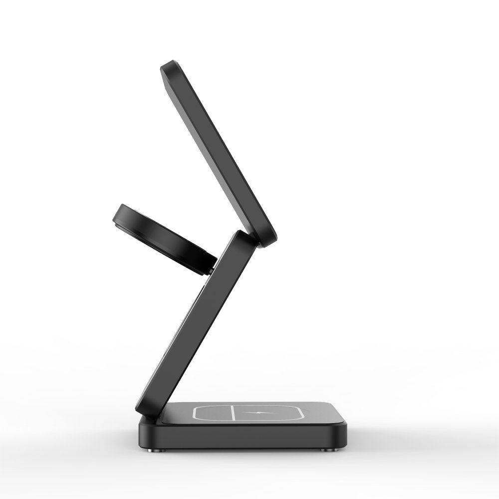 Czarna bezprzewodowa stacja ładująca z trzema sekcjami. Stojak na telefon, stojak na zegarek i podstawa z symbolem ładowania.