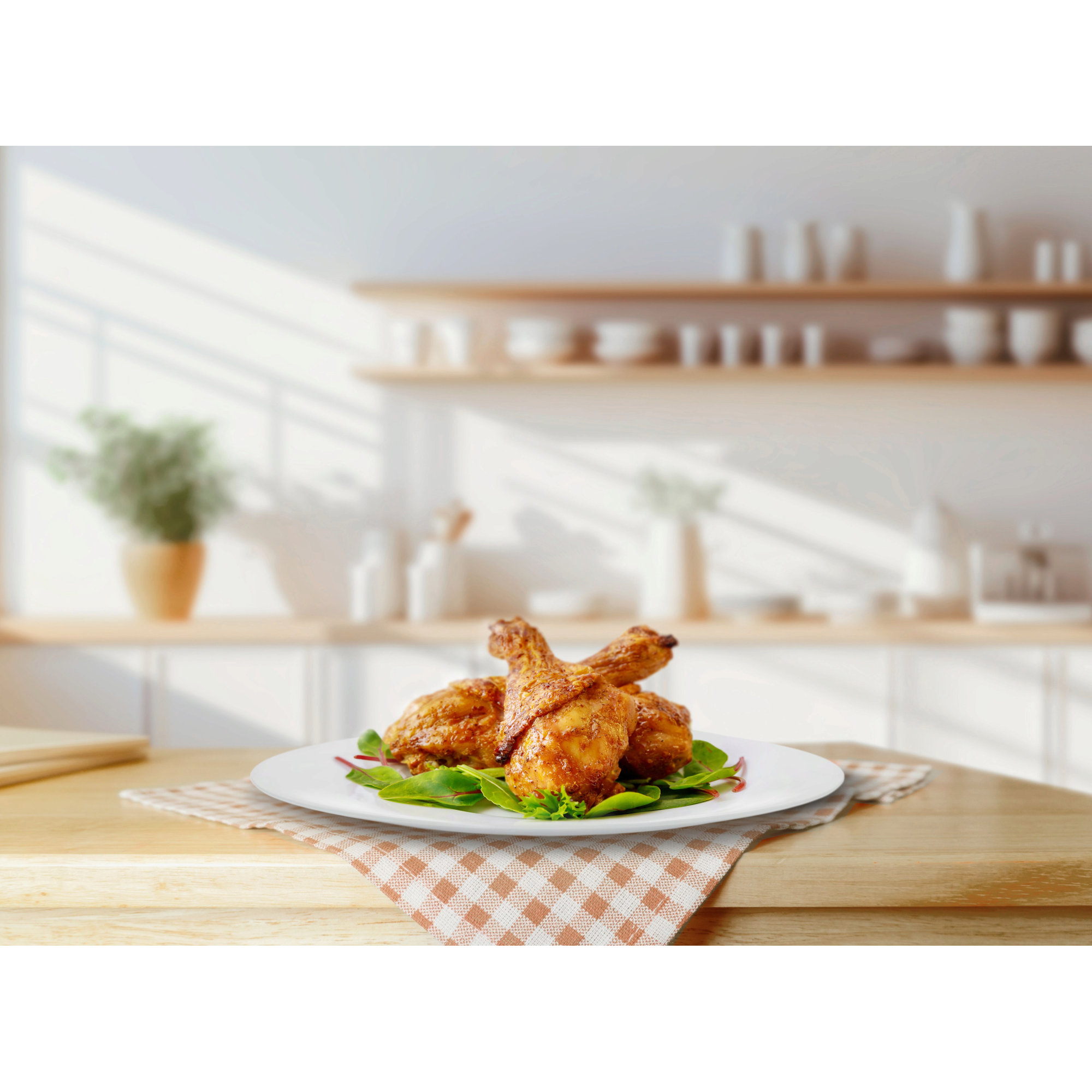 Smażone pałki z kurczaka na białym talerzu z sałatą, na kraciastej serwetce i drewnianym stole, tło kuchni.