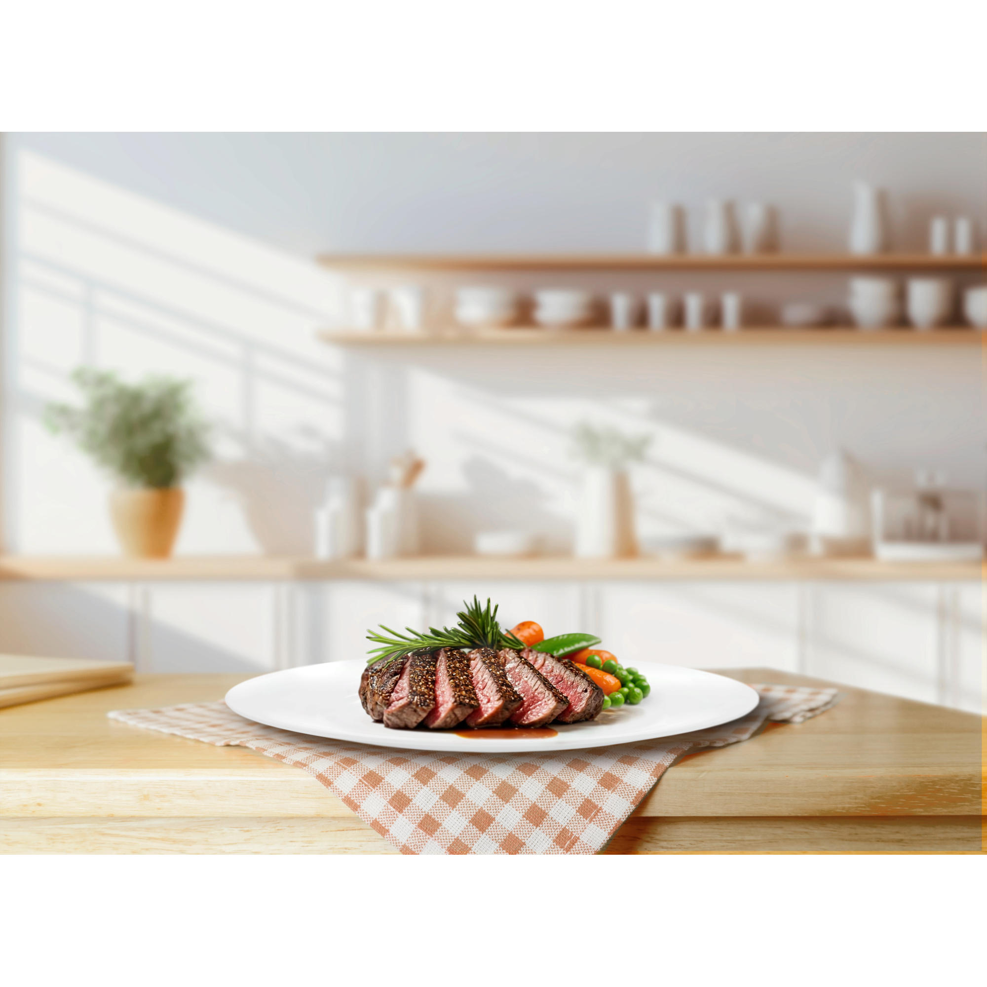 Krojony stek z warzywami na talerzu, na kraciastej serwetce. Rozmyte tło kuchni.