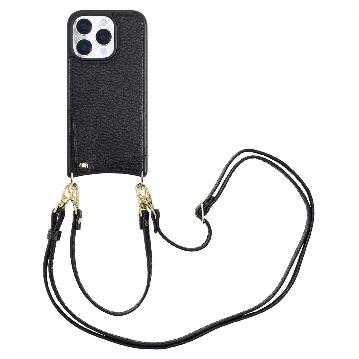 Zwarte leren telefoonhoes met gouden hardware en een lange zwarte riem. De hoes heeft uitsparingen voor de camera en een klein vakje.