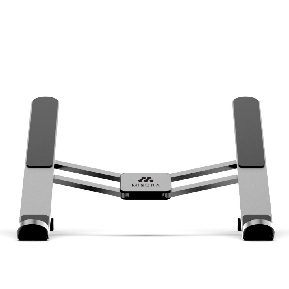 Srebrna podstawka pod laptopa z czarnymi gumowymi podkładkami i czarnym łącznikiem. Na białym tle. Marka to Misura.