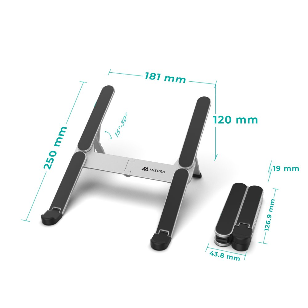 Srebrno-czarny stojak na laptopa z wymiarami. Stojak jest złożony, pokazując jego części. Widoczna jest marka MISURA.