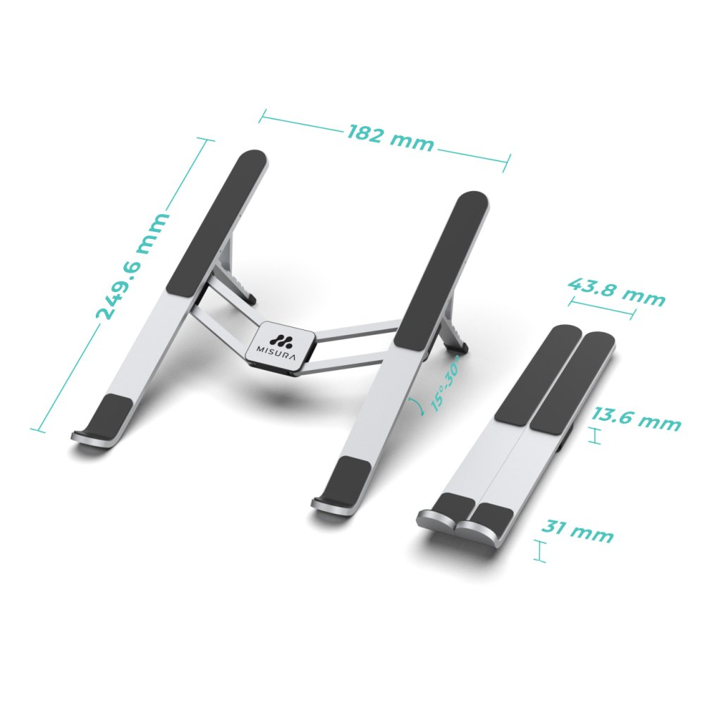 Srebrna podstawka pod laptopa z czarnymi akcentami i wymiarami. Podstawka jest od Misura.