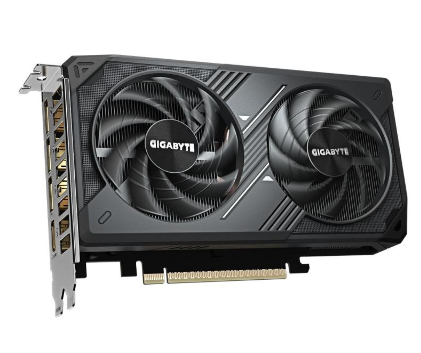 Czarna karta graficzna GIGABYTE z dwoma wentylatorami. Karta ma srebrny wspornik i złote złącza. Wentylatory są czarne z logo GIGABYTE.