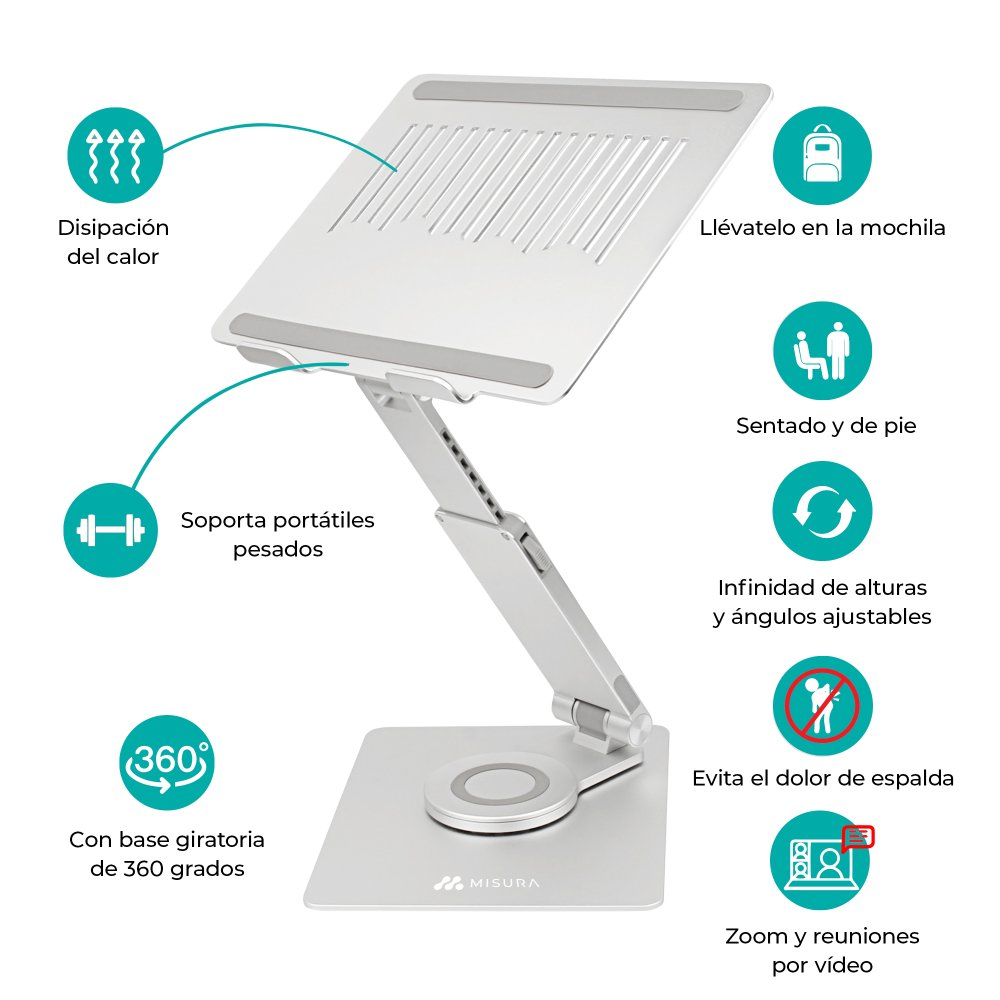 Srebrny stojak na laptopa z regulowaną wysokością i kątem. Funkcje obejmują odprowadzanie ciepła, obsługę ciężkich laptopów i obrót 360 stopni.