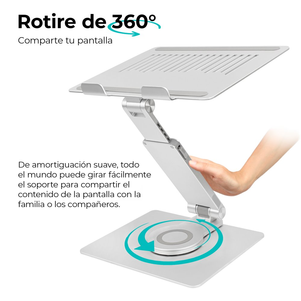Srebrna podstawka pod laptopa trzymana jest przez dłoń, demonstrując obrót o 360 stopni. Hiszpański tekst opisuje jego funkcję.