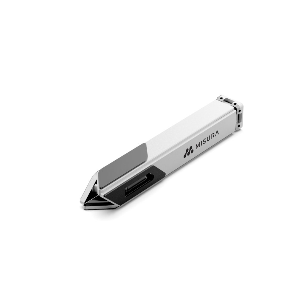 Biało-szare urządzenie z napisem 'MISURA'. Leży ukośnie na białym tle.