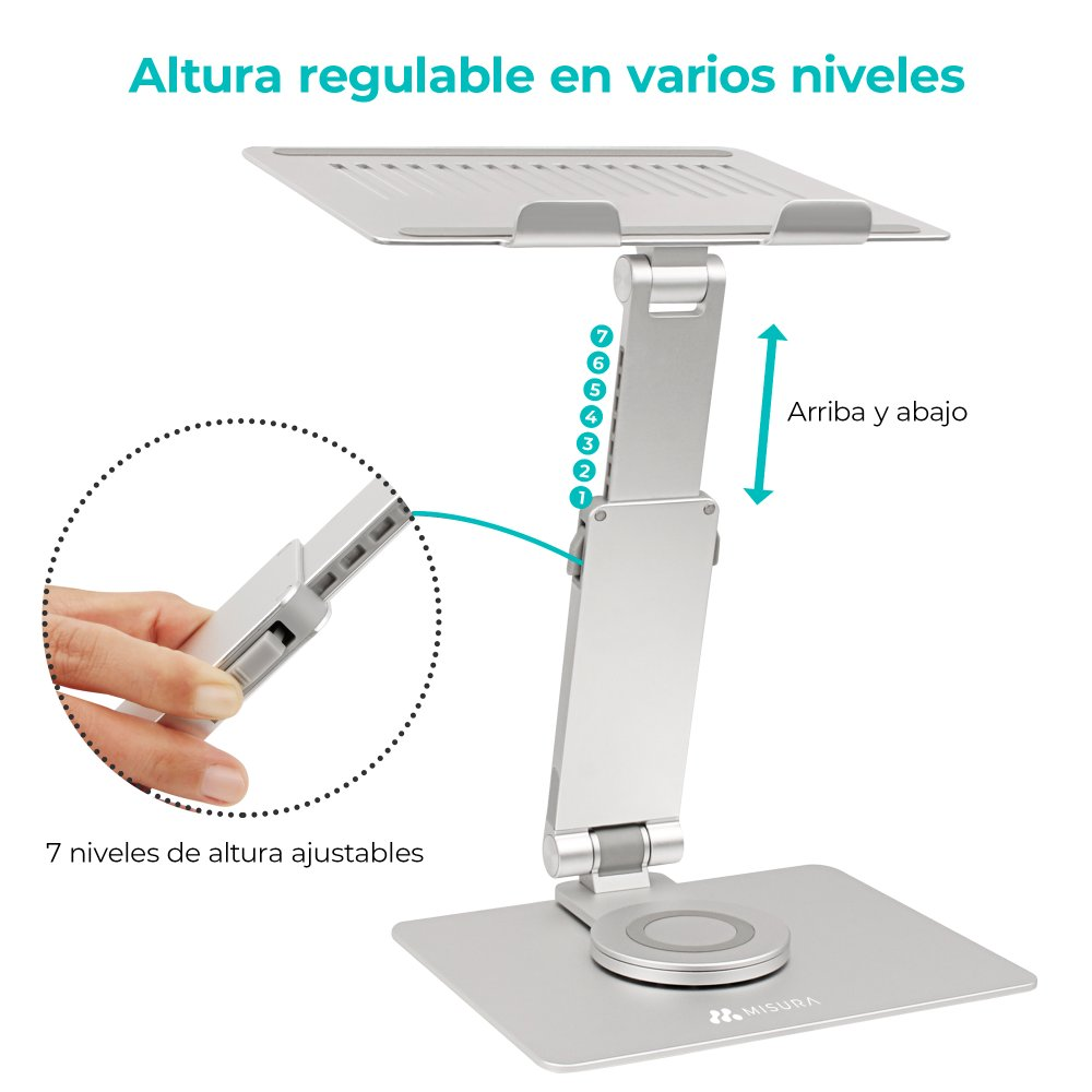 Srebrny stojak na laptopa z regulowaną wysokością. Dłoń reguluje stojak. Etykiety wskazują regulowaną wysokość.