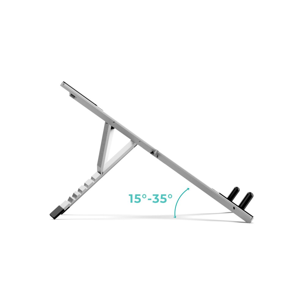 Srebrna podstawka pod laptopa jest ustawiona pod kątem. Zakres kąta wynosi 15-35 stopni. Czarne podpory u góry i na dole, białe tło.