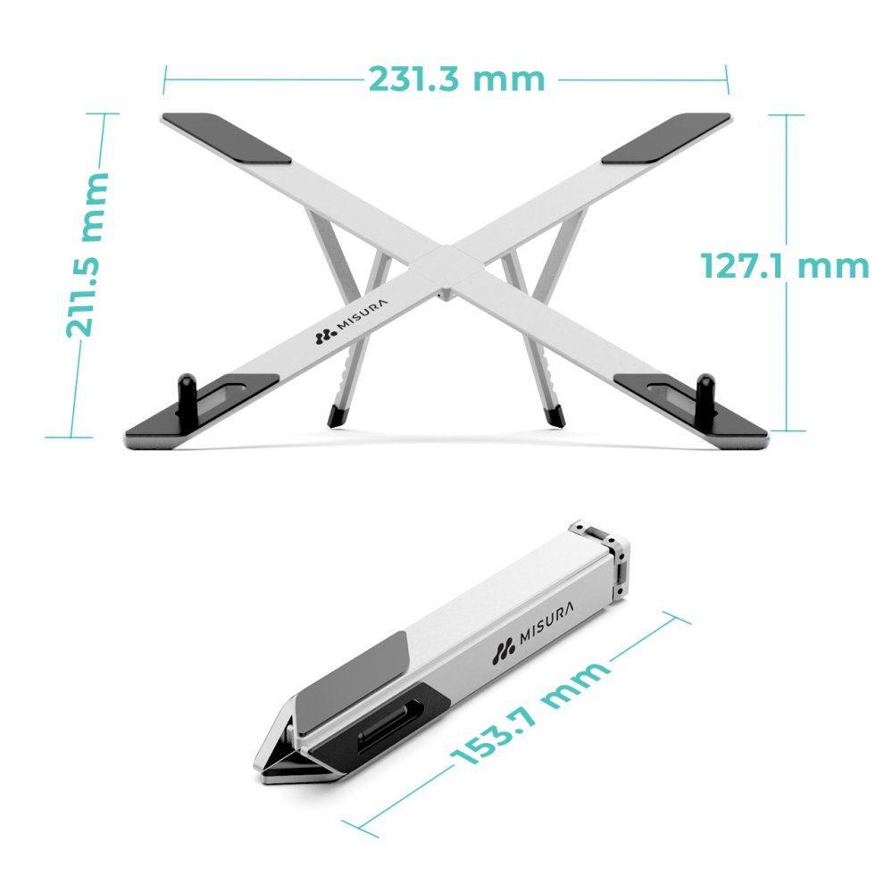 Biało-czarny stojak na laptopa z wymiarami. Jest złożony i rozłożony, o wymiarach 231,3 mm, 211,5 mm i 127,1 mm.