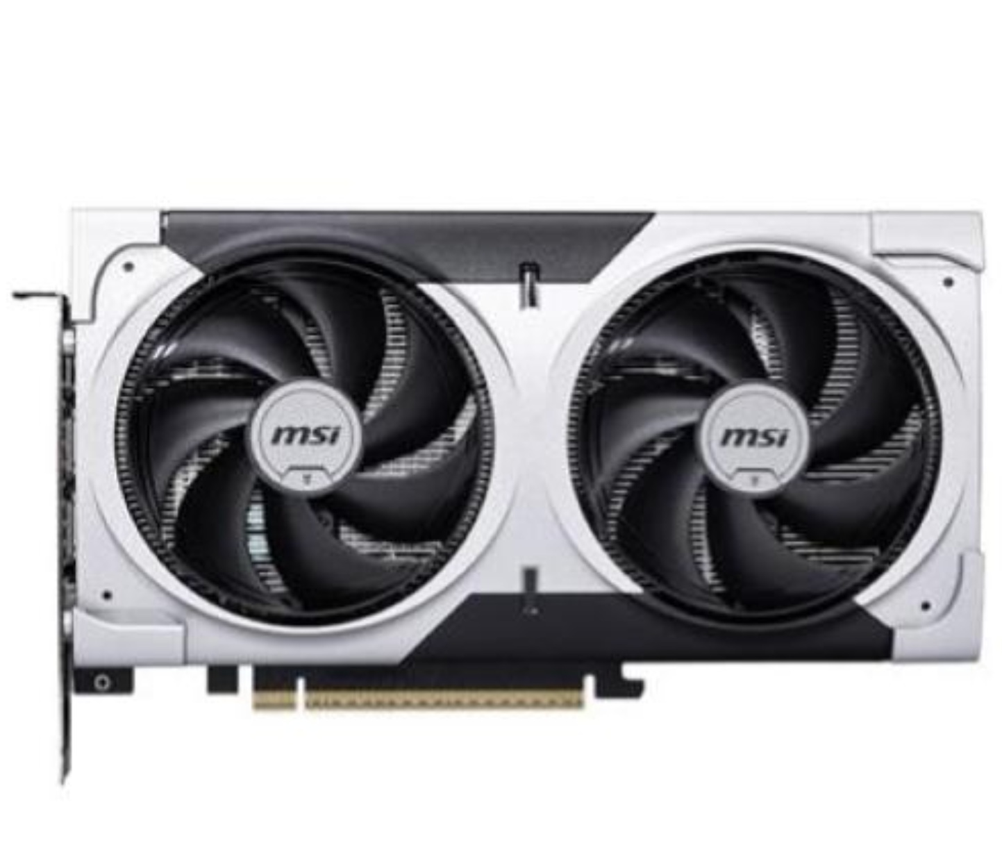 Karta graficzna z dwoma dużymi wentylatorami, czarnymi łopatkami i logo MSI. Ma srebrno-czarną obudowę i złoty konektor.