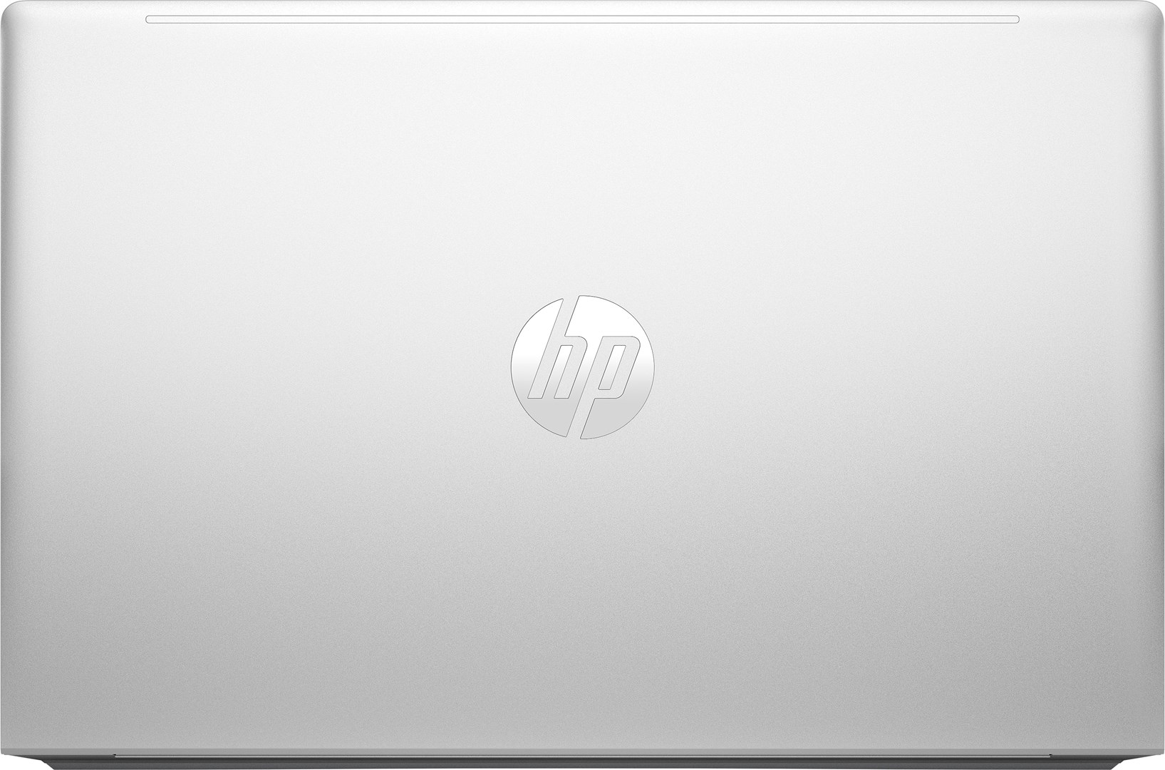 Srebrna pokrywa laptopa z logo HP. Pokrywa jest zamknięta i ma gładkie wykończenie. Logo HP znajduje się na środku.