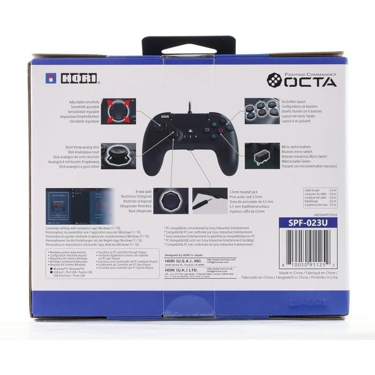 Pudełko czarnego kontrolera Fighting Commander OCTA. Tekst i diagramy dotyczące funkcji i specyfikacji znajdują się na pudełku.
