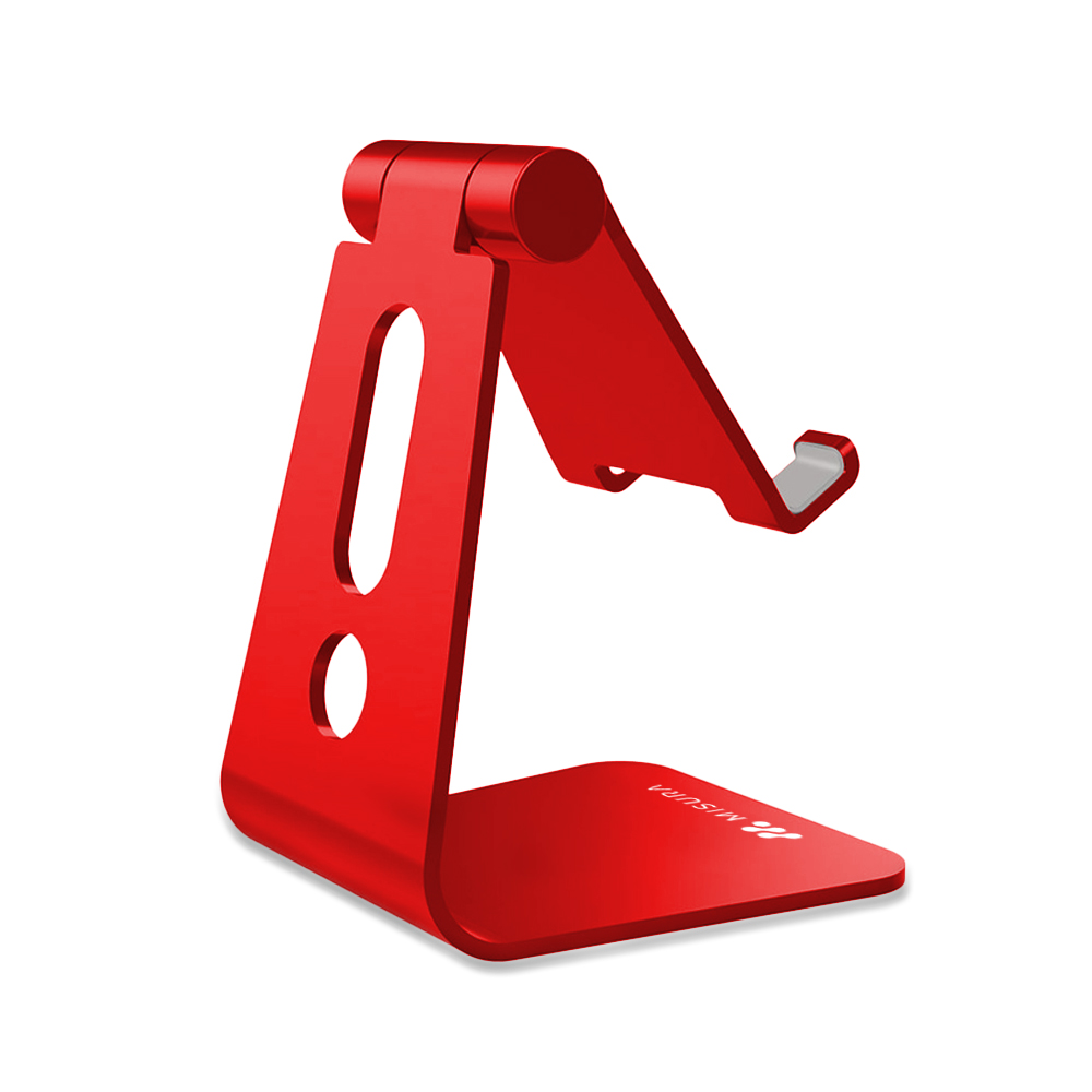 Un supporto per telefono in metallo rosso. Ha una base, un supporto verticale con fori e un braccio angolato.