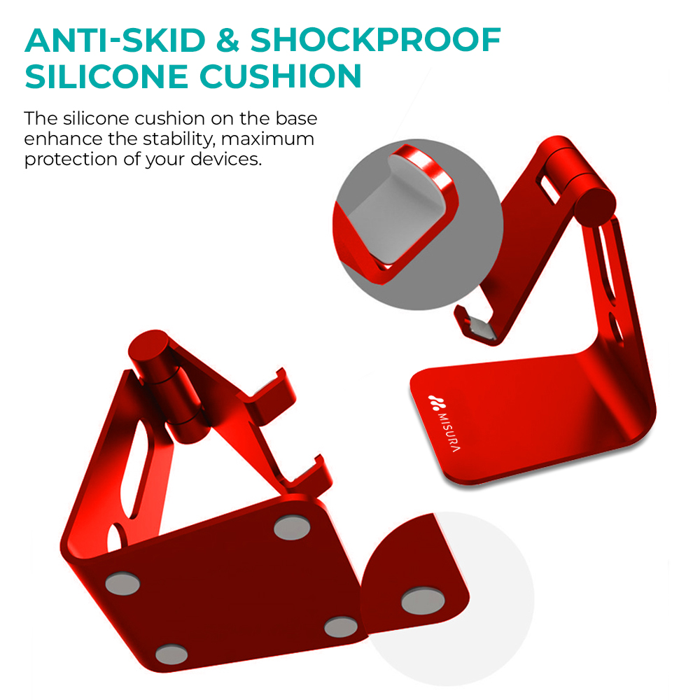 Supporto per telefono rosso con cuscinetto in silicone. Il testo recita 'ANTI-SKID & SHOCKPROOF SILICONE CUSHION'. Il supporto ha una base grigia.