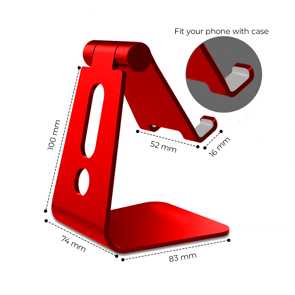 Supporto per telefono rosso con dimensioni etichettate. Ha un supporto per il telefono e una base. Un inserto circolare mostra il posizionamento del telefono.