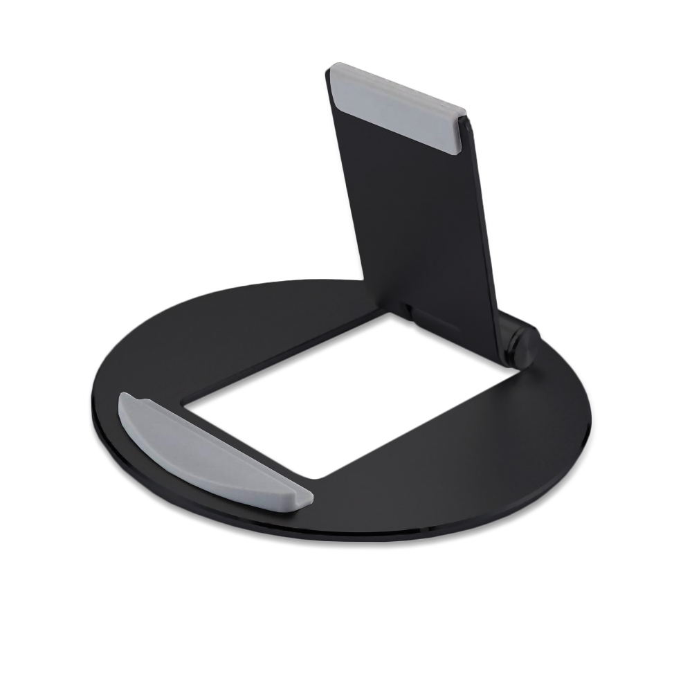 Un soporte negro para teléfono con base circular y soporte rectangular. Tiene almohadillas de goma grises en la base y el soporte.