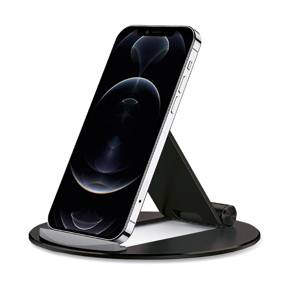 Un teléfono con borde plateado sobre un soporte negro. La pantalla muestra una imagen oscura y abstracta. El soporte está en una base circular negra.
