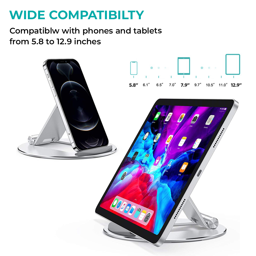La imagen muestra dos dispositivos en soportes. Un teléfono y una tableta. El texto indica una amplia compatibilidad para teléfonos y tabletas de 5,8 a 12,9 pulgadas.