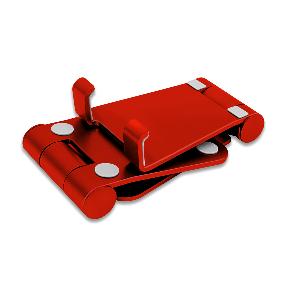 Un supporto per telefono rosso pieghevole su sfondo bianco. Ha una base piatta e supporti. Sono visibili cuscinetti circolari bianchi.