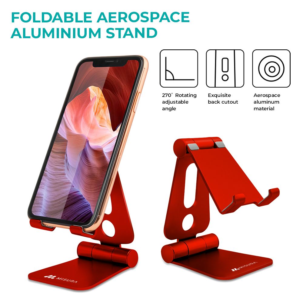 Sono esposti due supporti per telefono pieghevoli rossi. Uno tiene un telefono. I dettagli includono la regolazione dell'angolo, il ritaglio posteriore e il materiale aerospaziale.