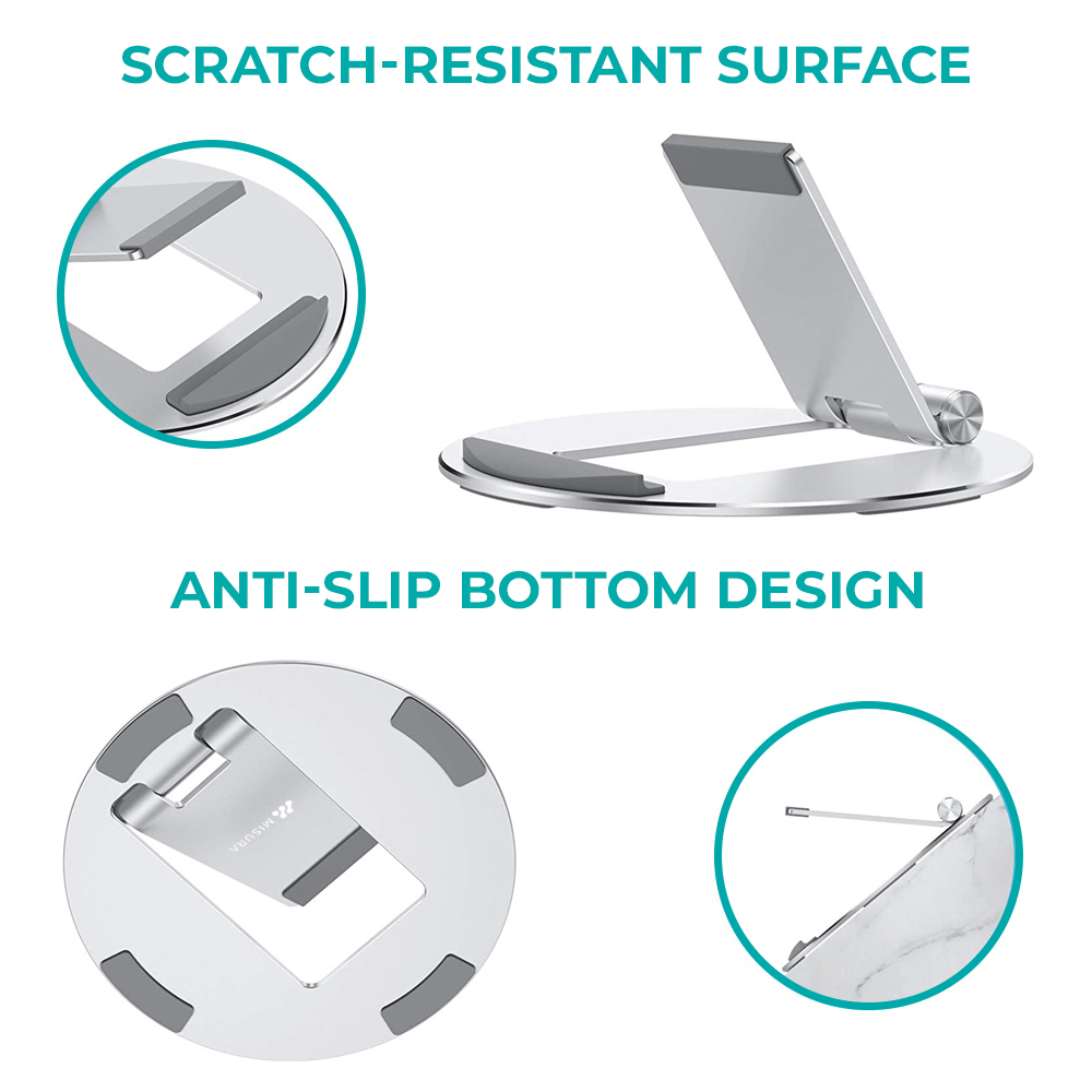Un soporte plateado para tableta con almohadillas antideslizantes grises. Tiene una superficie resistente a los arañazos y está diseñado para la estabilidad.