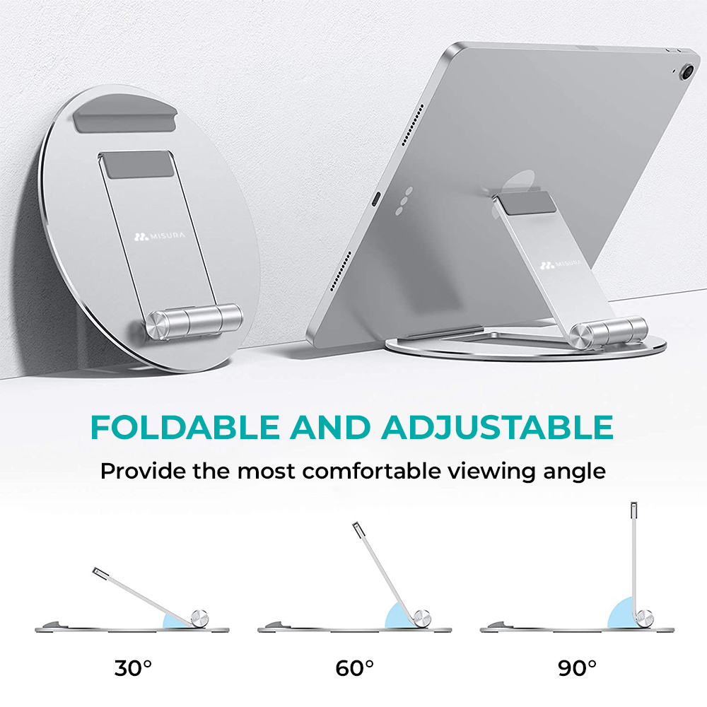 Soporte plateado para tableta con iPad, mostrando ángulos de 30, 60 y 90 grados. Texto dice 'FOLDABLE AND ADJUSTABLE'.