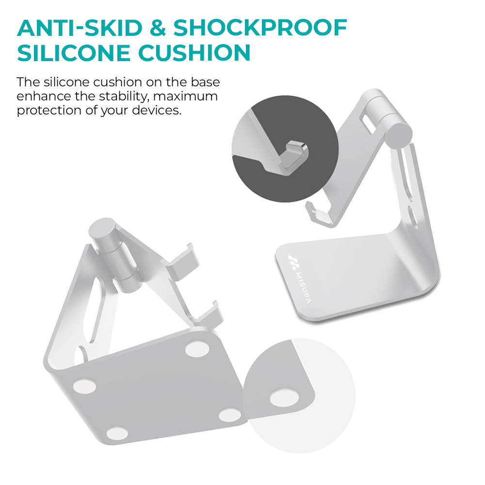 Due supporti per telefono argentati su sfondo bianco. Testo: Cuscinetto in silicone antiscivolo e antiurto. Logo MISURA visibile.