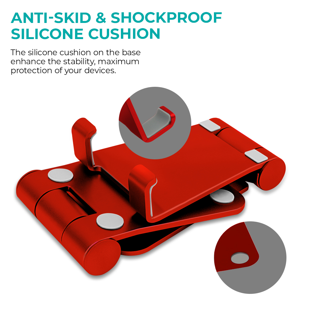 Supporto per telefono rosso con cuscinetti in silicone bianchi. Ha un design pieghevole e un cuscinetto in silicone antiscivolo e antiurto.
