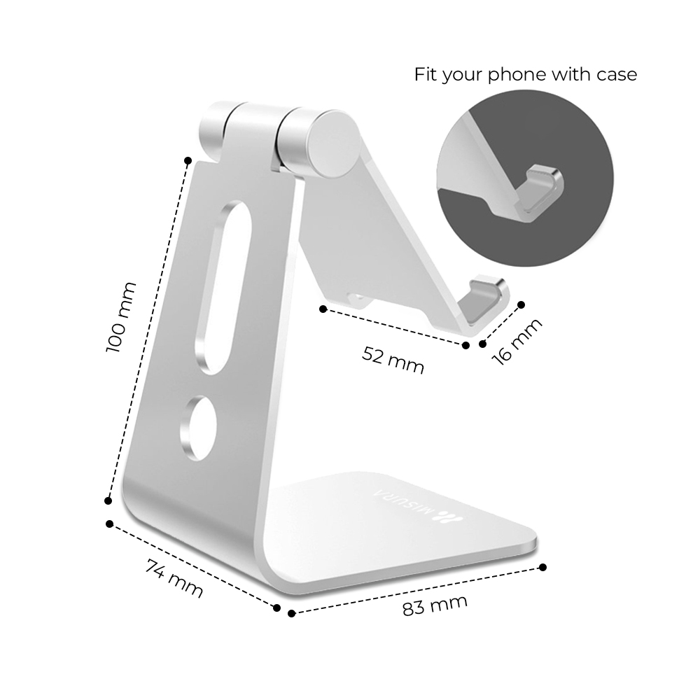 Un supporto per telefono argentato con dimensioni etichettate. Ha un supporto, un braccio di supporto e una base. Un inserto mostra come si adatta un telefono.