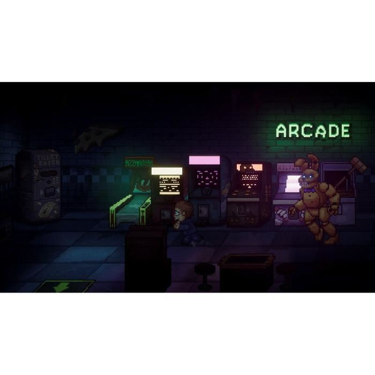 Scena zręcznościowa z dzieckiem, animatronikiem i maszynami. Znak mówi 'Arcade'. Scena jest ciemna i pikselowana.