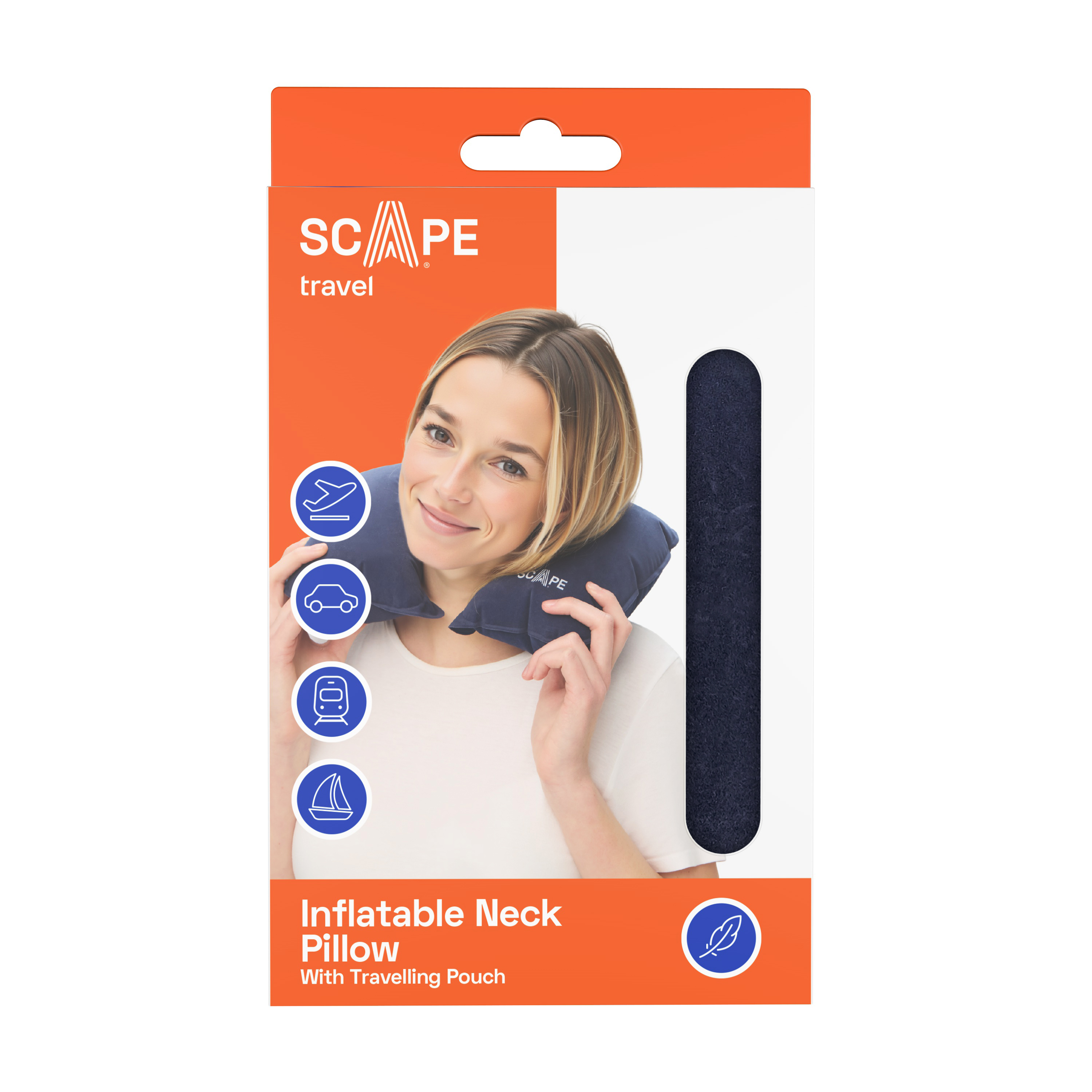 Una mujer sostiene una almohada azul para el cuello. El embalaje es naranja y blanco, con iconos y texto.