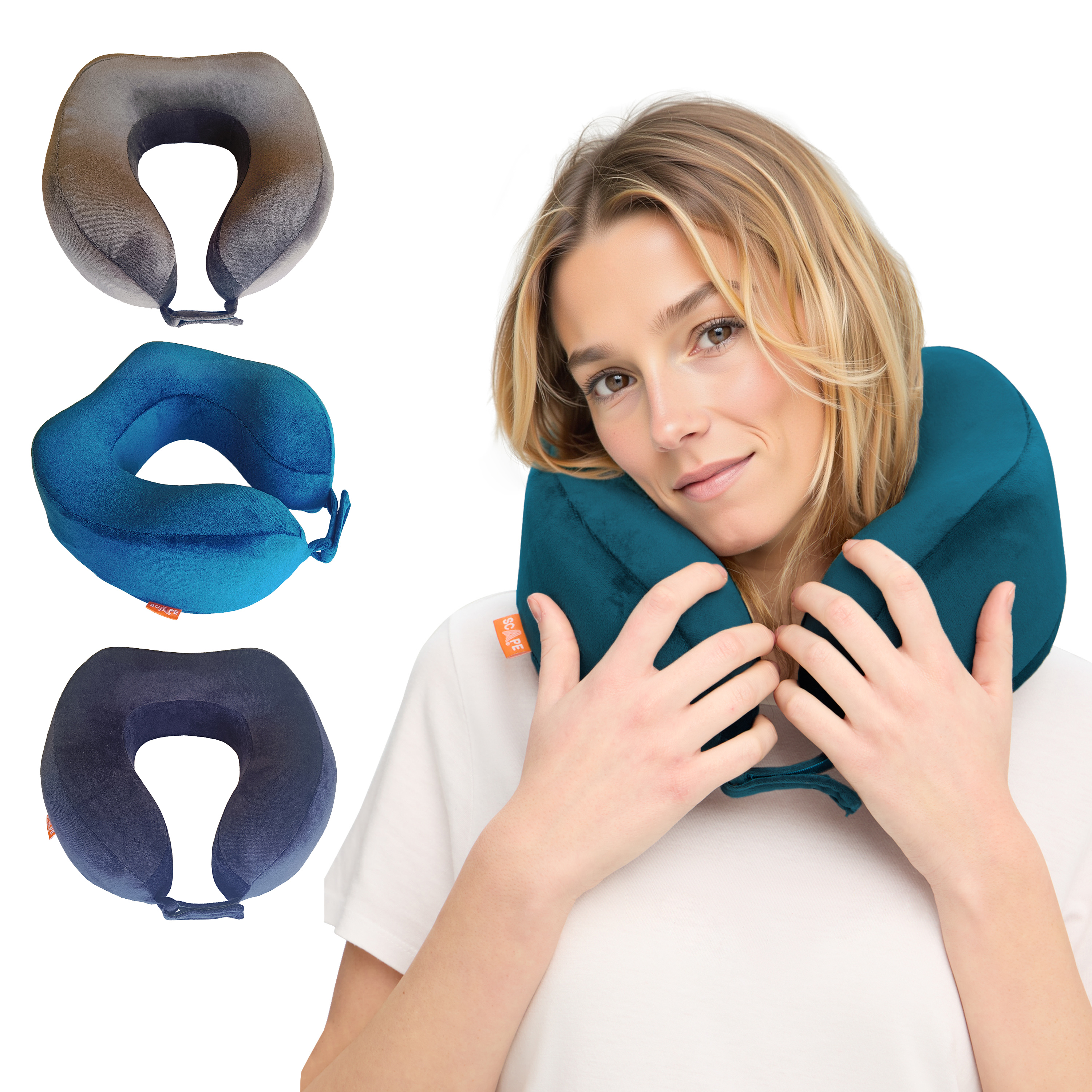 Una mujer usa una almohada de viaje verde azulado. Se muestran tres almohadas: gris, azul y azul marino. Fondo blanco.