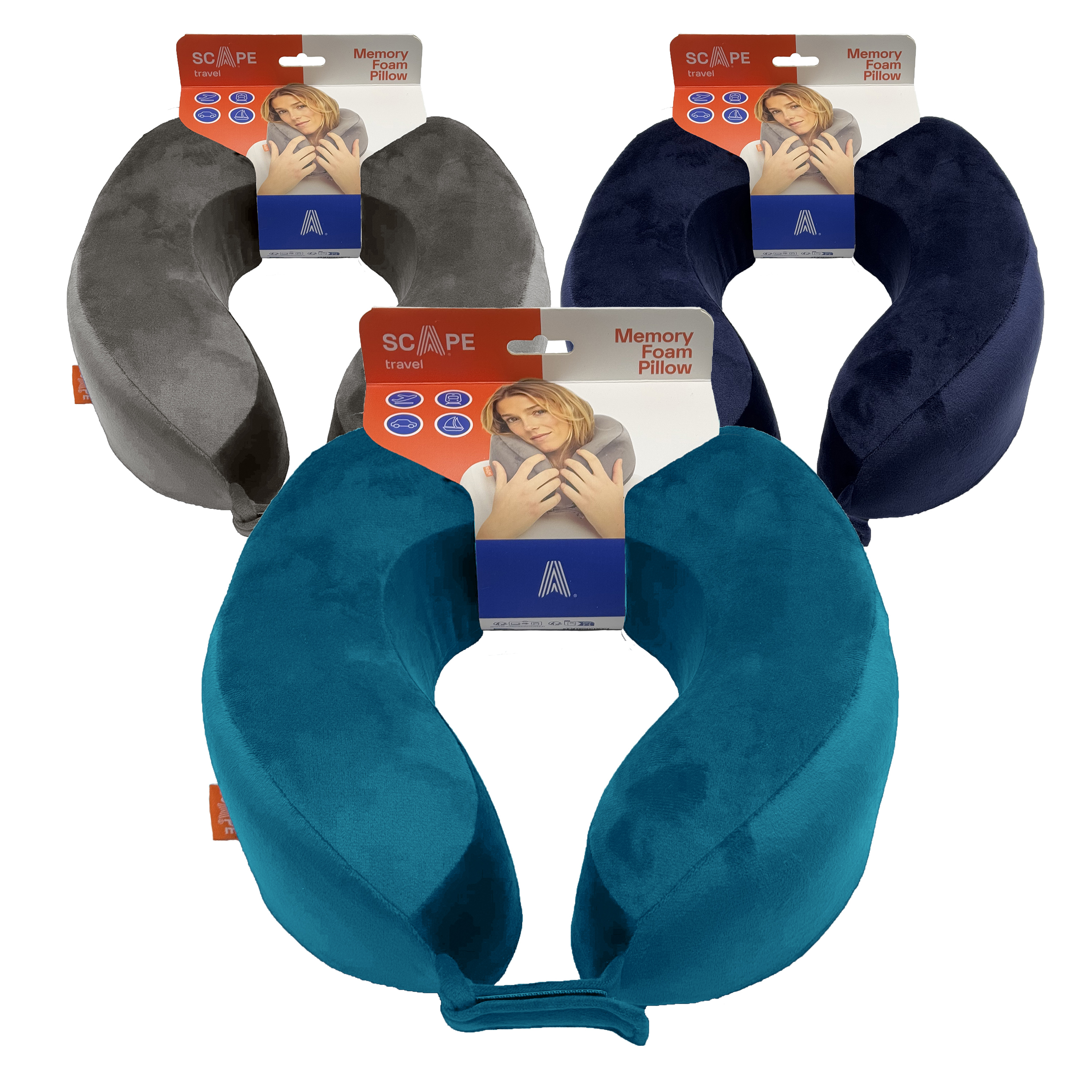 Tres almohadas de viaje de espuma viscoelástica en gris, azul marino y turquesa, cada una con una etiqueta de producto con una mujer.