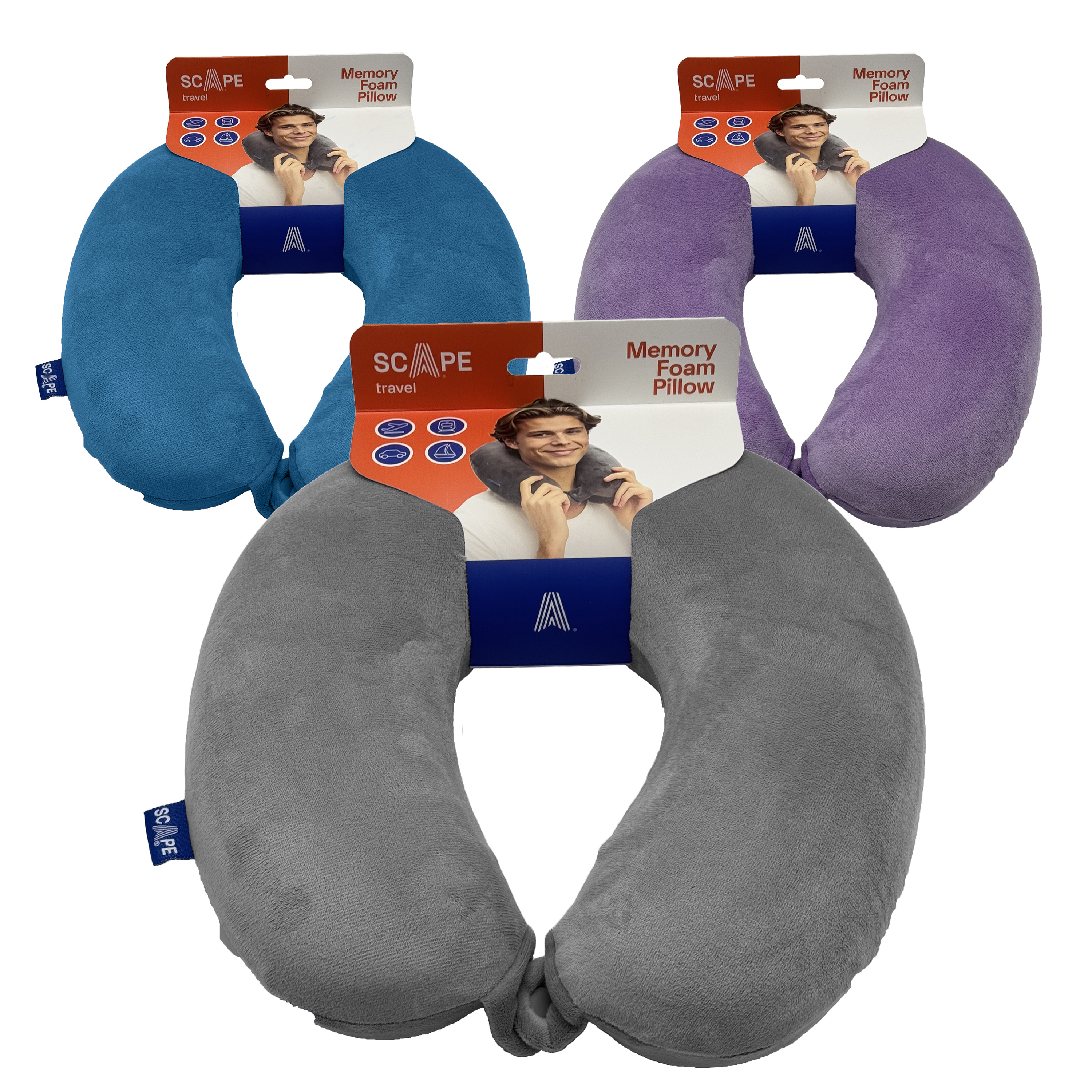 Se muestran tres almohadas de viaje de espuma viscoelástica. Son azules, moradas y grises. Cada una tiene una etiqueta con un hombre que lleva la almohada.