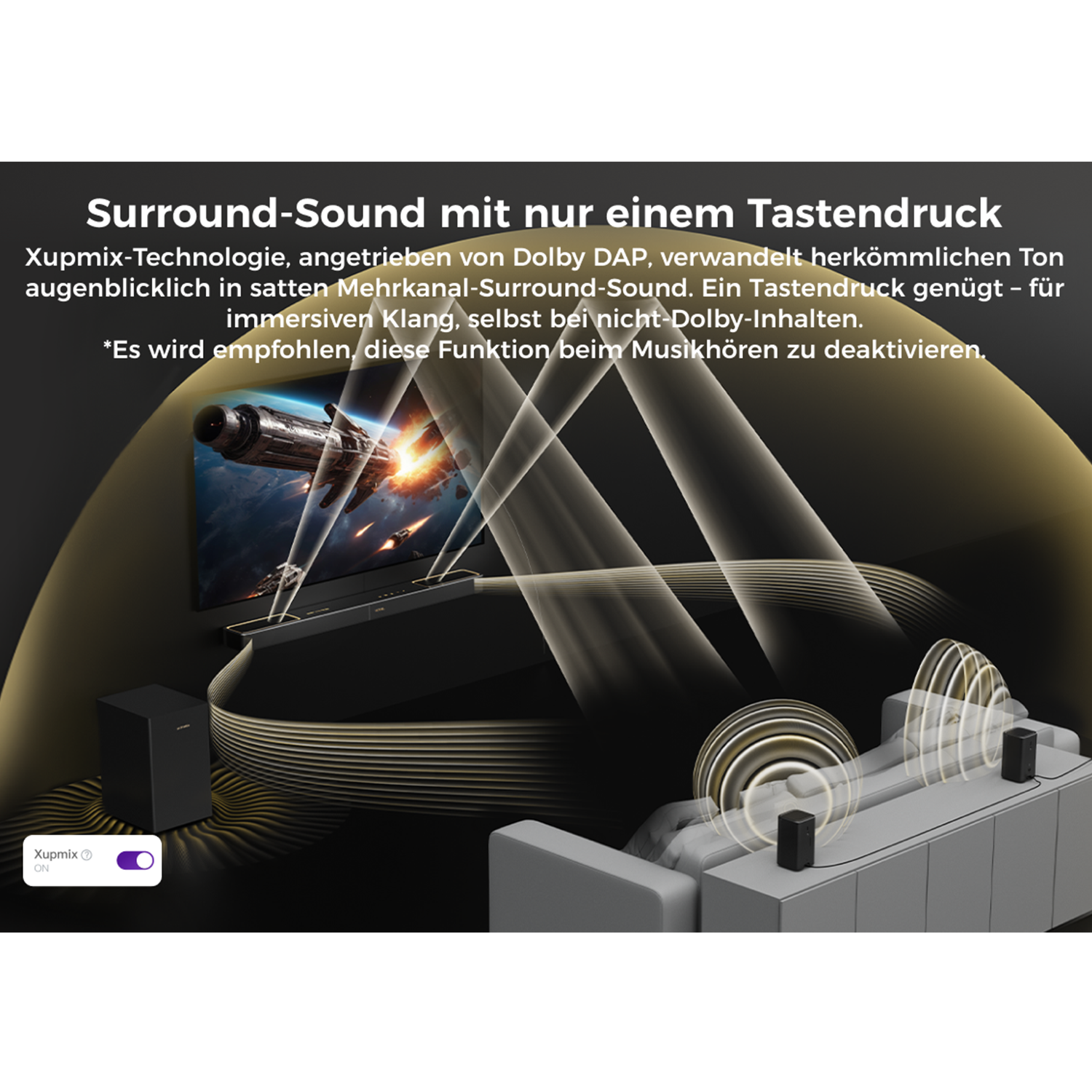 Diagramm eines Soundsystems. TV, Lautsprecher und Subwoofer sind abgebildet. Text sagt 'Surround-Sound' und 'Xupmix ON'.