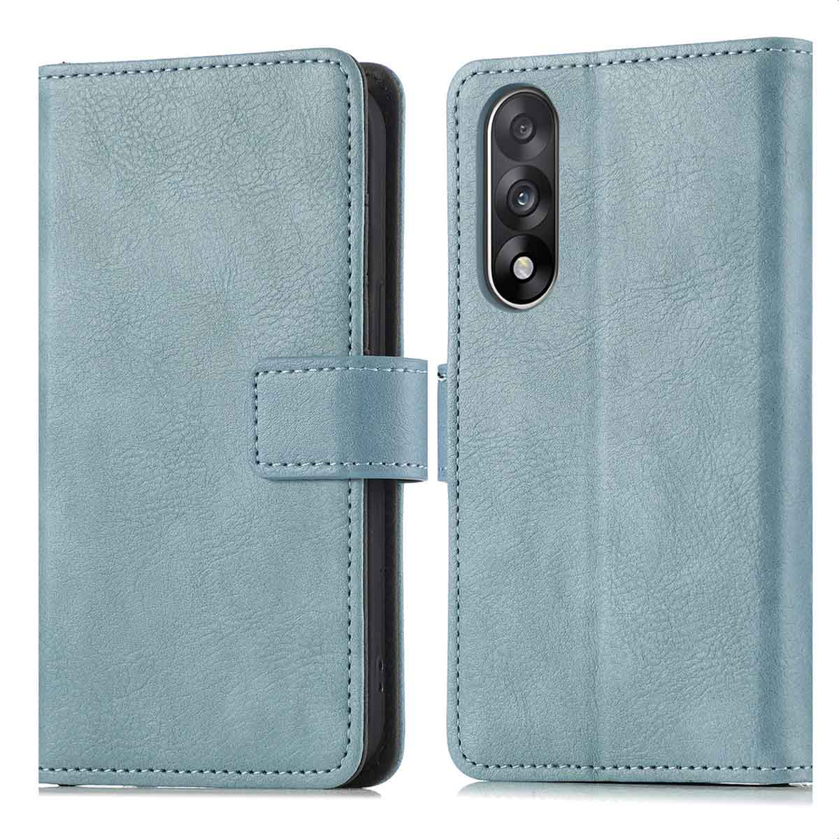 Un étui de téléphone sarcelle est ouvert. Il possède une caméra et un fermoir. L'étui est en cuir texturé.