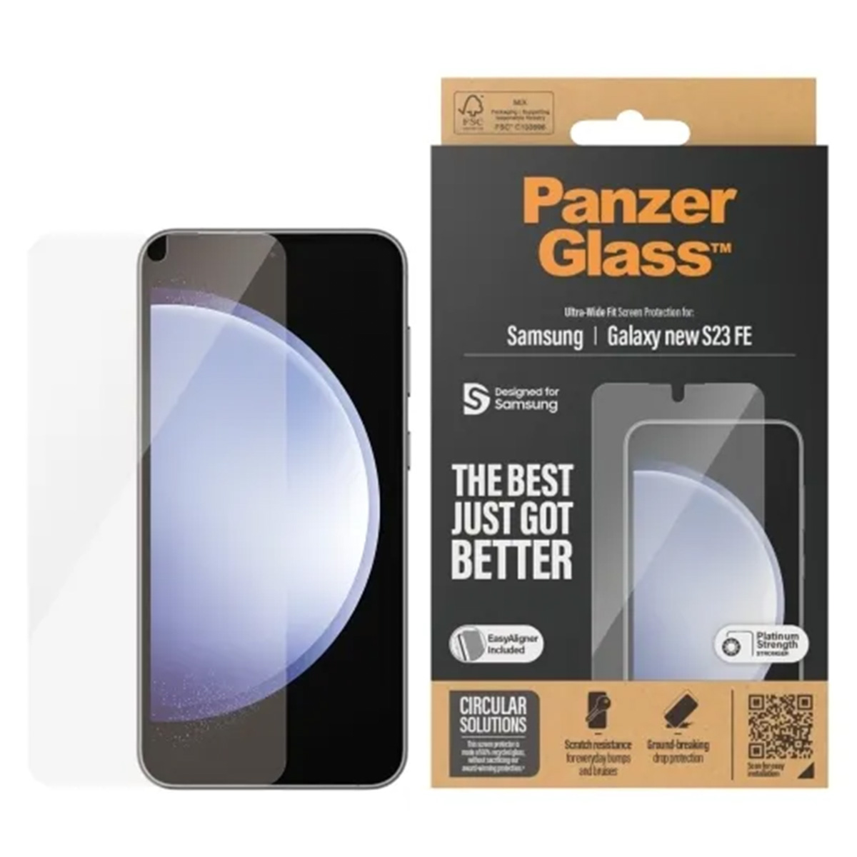 Görsel, ekran koruyuculu bir telefon ve ambalajını gösteriyor. Ambalajda Samsung Galaxy S23 FE için Panzer Glass yazıyor.